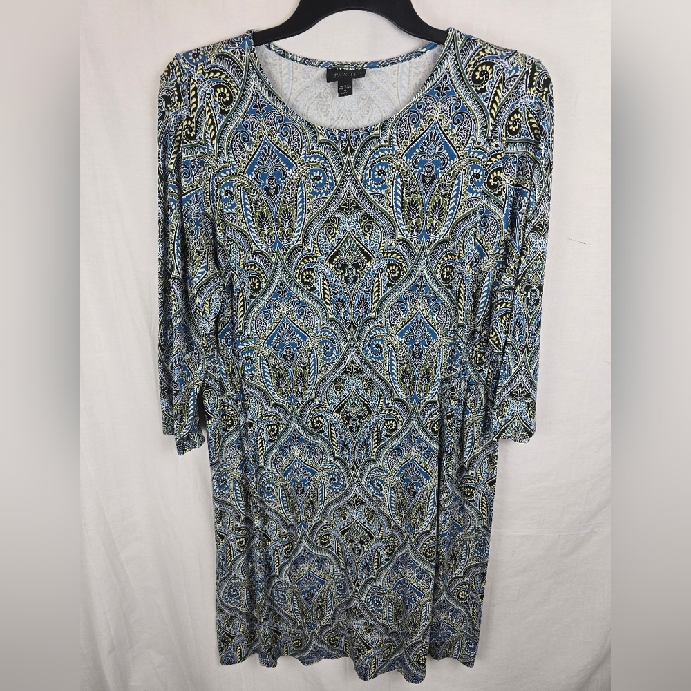 J.Jill Wearever Collection Blue Paisley 3/4th Sleeves Sinched Waist Dress Sz M
